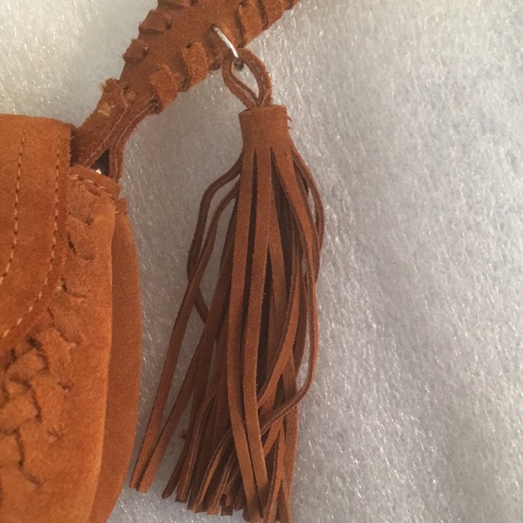 ZARA Suede Leather Mini Crossbody Bag Snap Closure Laced Strap Woven Trim Fringe - Picture 4 of 13